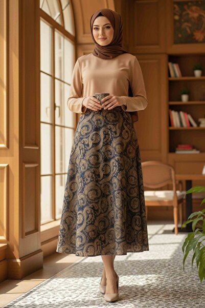 TOFİSA Şal Desen Etek Lacivert - 28271-LACIVERT