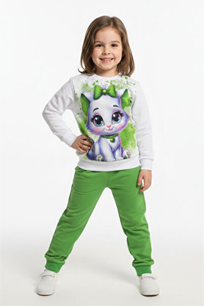 TOFİSA Σετ Πιτζάμες για Κορίτσια με Πράσινο Τύπωμα και Σχέδιο - 28238-YESIL