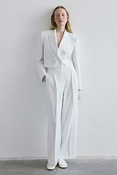 rue Çizgili Geniş Paça Yüksek Bel Ekru Pantolon