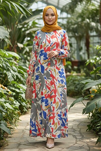 TOFİSA Printed Patterned Linen Dress with Pockets Saks - 28296-Saks