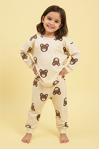 TOFİSA Κοριτσίστικο Σετ Πιτζάμες από Κρεμ Σουέντ με Στάμπα - 28129-KREM