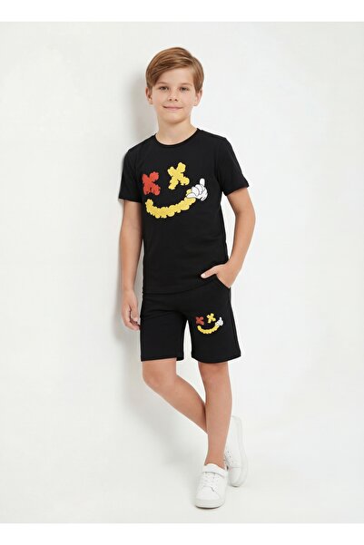 FYK COLLECTİON طقم صيفي للأولاد برقبة مستديرة وطباعة إيموجي مفصلة