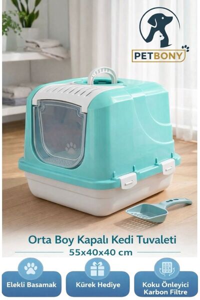 BONYPET XL Orta Boy Kapalı Kedi Tuvaleti Koku Filtreli Ve Elekli Kürek 55x40x...