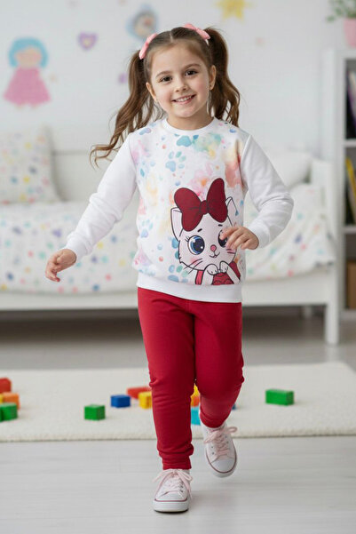 TOFİSA Girl's Burgundy Printed Shawl-Like Pajama Set - 28236-Bordo