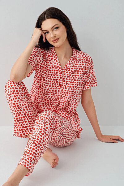Pimody Women's Short Sleeve Front Buttoned Patterned Pajama Set