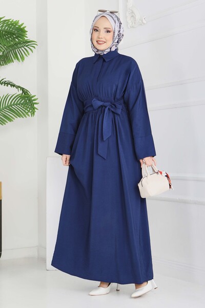 TOFİSA Waist Belted Hidden Button Dress Navy Blue - 28224-Navy Blue
