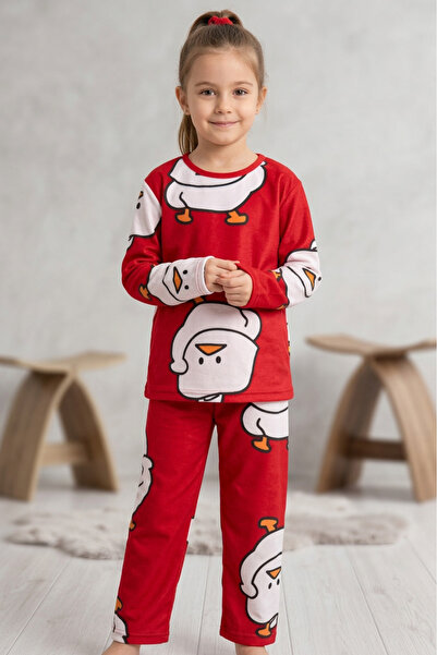 TOFİSA Girl's Red Bird Printed Suede Pajama Set - 28346-Red
