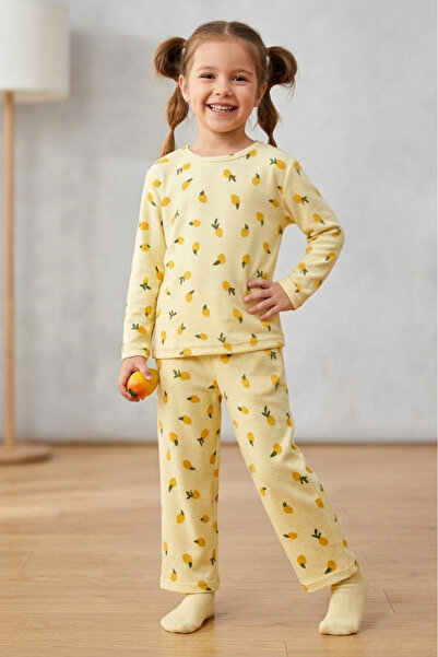 TOFİSA Girl's Yellow Lemon Printed Suede Pajama Set - 28343-Yellow
