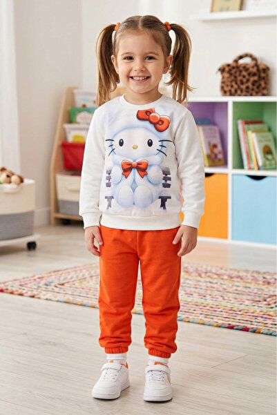 TOFİSA Παιδικό σετ πιτζάμες για κορίτσια με πορτοκαλί στάμπα και δύο κλωστές ...