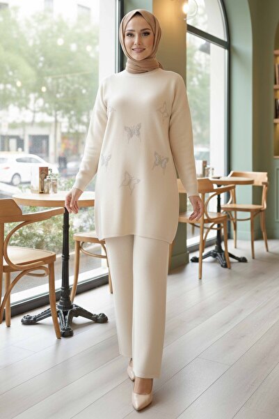 TOFİSA Set de tricotaje cu detalii din piatră fluture, crem - 28122-CREM