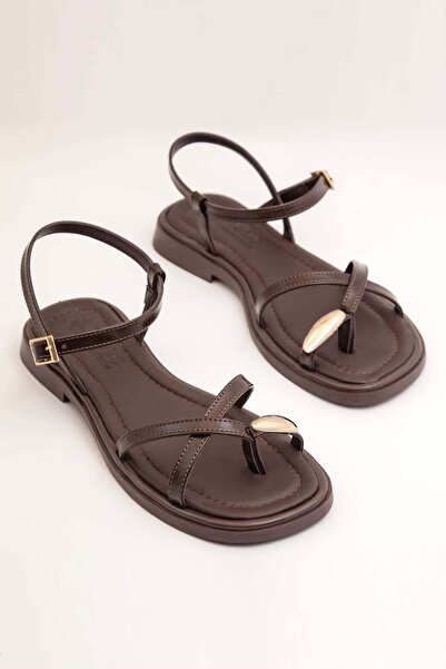 Preshley Sandale Harli Bitter Brown pentru femei, cu detaliu inel, tip flip-f...