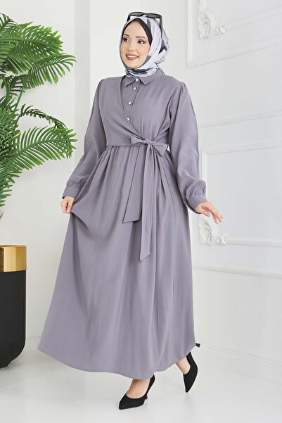 TOFİSA Rochie cu nasturi și legături laterale, fumurie - 28222-FUME