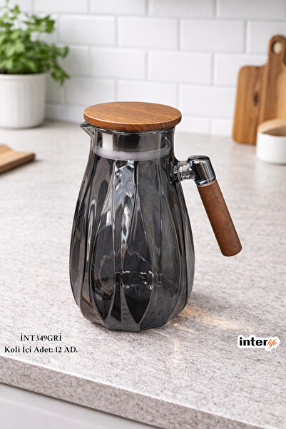 İnterlife Modern Şık Tasarım Cam Sürahi Akasya Kapaklı Ergonomik Kulplu İçece...