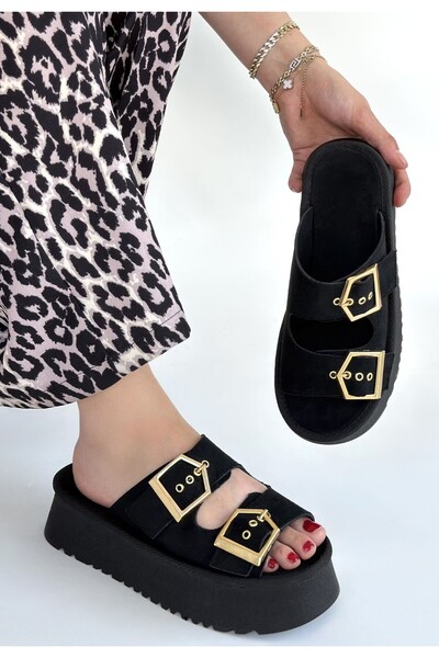 Celira Black Suede Double Buckle Slippers