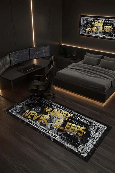 Pixel Dizayn Money Never Sleeps Dolar Gamer Genç Odası Street Style Kaymaz Do...