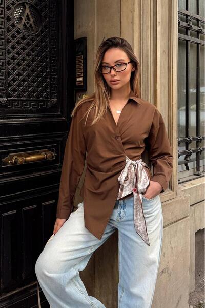 Flarsky Women's Double-Breasted Shirt with Scarf Tie and Elastic Waist