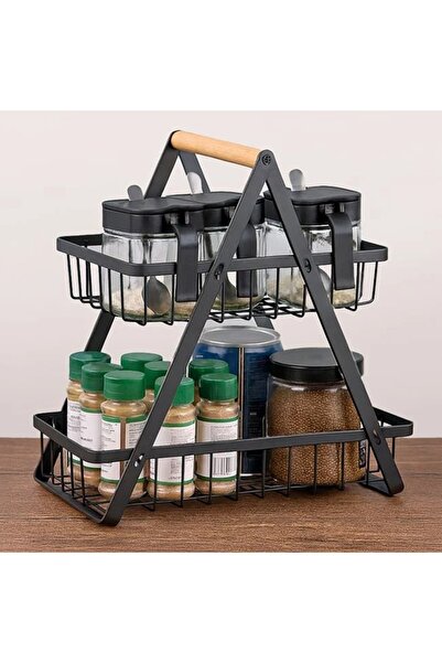 ZanaCasei Raft metalic negru cu 2 niveluri, cu mâner din lemn, 22 x 14 x 26 cm