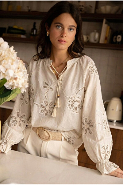 FEMELLE Women's Tassel Collar Embroidered Balloon Sleeve Blouse with Gathered...