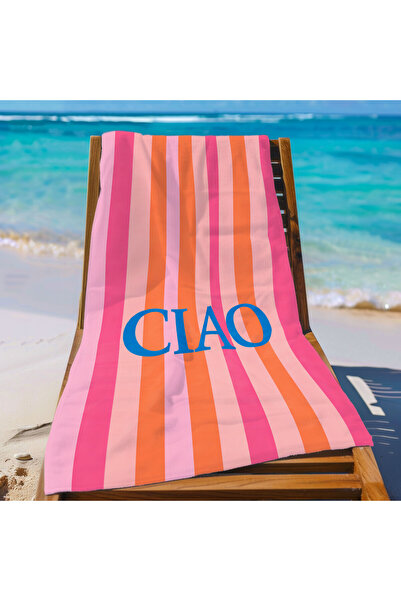 Piloji Ciao Written Pink Orange Striped Beach Towel 75X150 cm Quick Drying Se...
