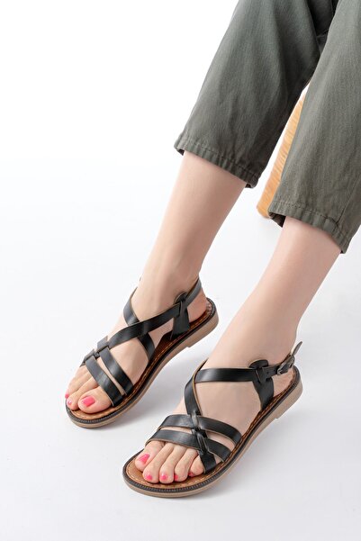 Zerenyus Zri̇n-205-05 Premium Black Orthopedic Genuine Leather Sandals