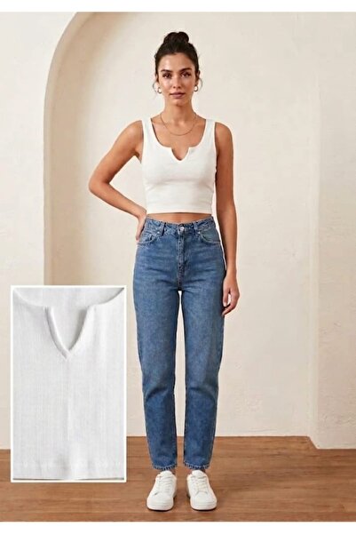 Mrey White Women's Thick Strapped Basic Crop Body Collar Detailed Ribbed T-Shirt