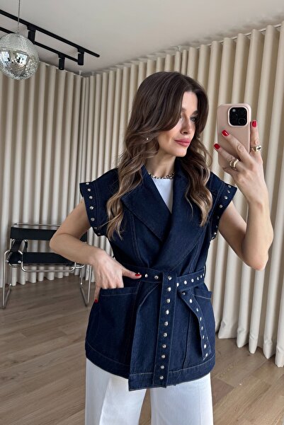 Sue Store Navy Blue Oversized Denim Vest with Snap Buttons on the Sleeves and...