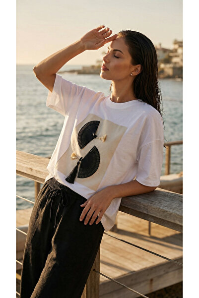 Amia&Co. White Oversize Crew Neck Fan Printed T-Shirt with Tassel Detail for ...