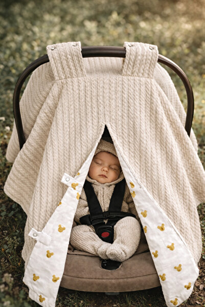 BeygeBaby %100 Pamuk Kahve Örgü Gold Mickey Desenli Çift Yönlü Kullanımlı Pus...
