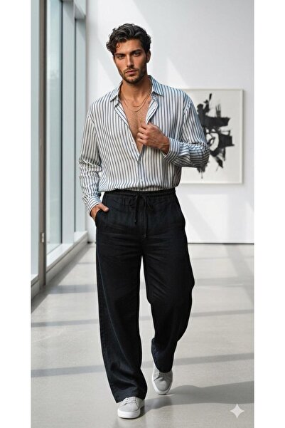 NO 601 Men's Black and White Striped Waffle Fabric Oversize Casual Shirt