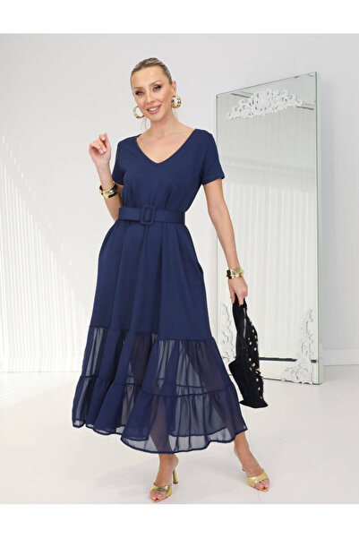 QİMYA BUTİK Buketli̇ Women's Below Knee Tulle Belted Pocketed V-Neck Short Sl...