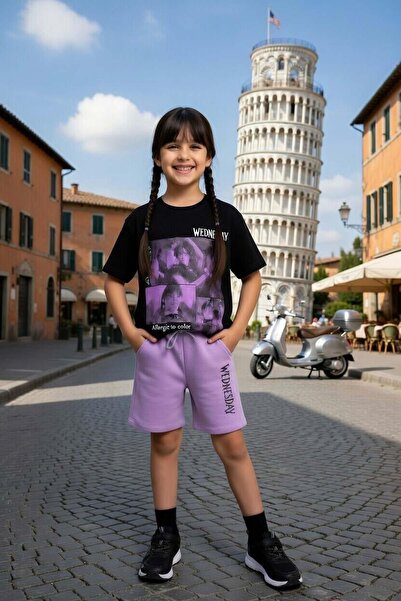 Riccotarz Set tricou și pantaloni scurți liliac pentru fete, cu imprimeu cu t...