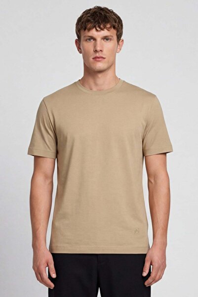 Sabri Özel Erkek Bej Modern Fit %100 Pamuk Basic T-Shirt