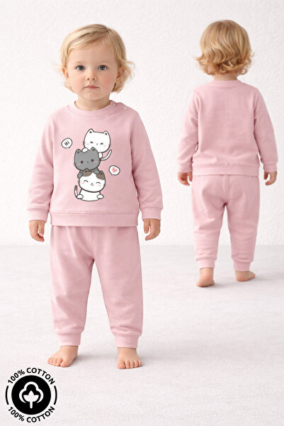 Miniel Baby Girl 3 Cat Printed 100% Cotton 6-9-12 Months Top and Bottom 2-Pie...