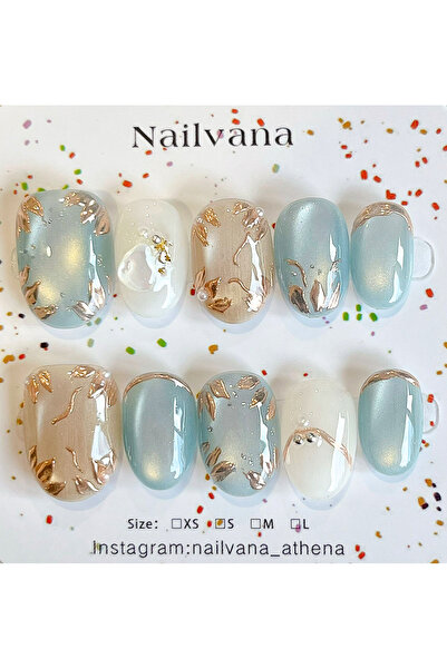 Nailvana Μικρά Χειροποίητα Μπλε Φλοράλ Νύχια Cat-eye
