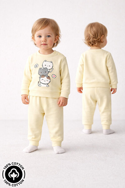 Miniel Baby Girl 3 Cat Printed 100% Cotton 6-9-12 Months Top and Bottom 2-Pie...
