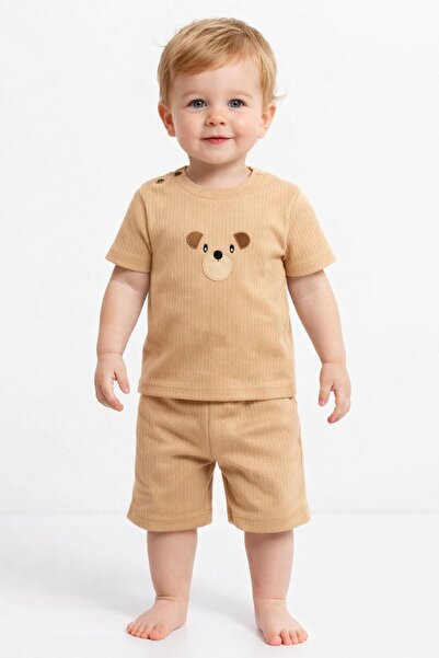 Chicsy Baby Baby Boy Style Ribbed Teddy Bear Printed Shorts Set Summer 2-Piec...