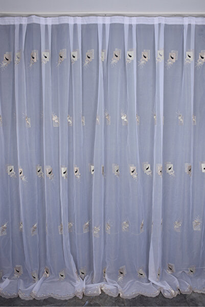 AKÇA TEKSTİL Brode 1430 Off-White Color Single Wing Ready-Made Pleated Backgr...