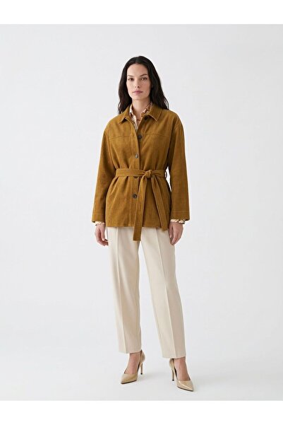axy Mustard Color Velvet Textured Belted Women's Jacket – Buttoned Casual Sty...
