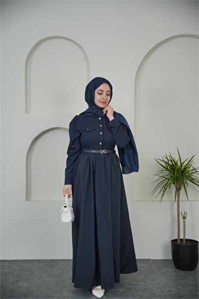 Neşeli Butik Women's Navy Blue Shirt Collar Buttoned Belt Detailed Hijab Dres...