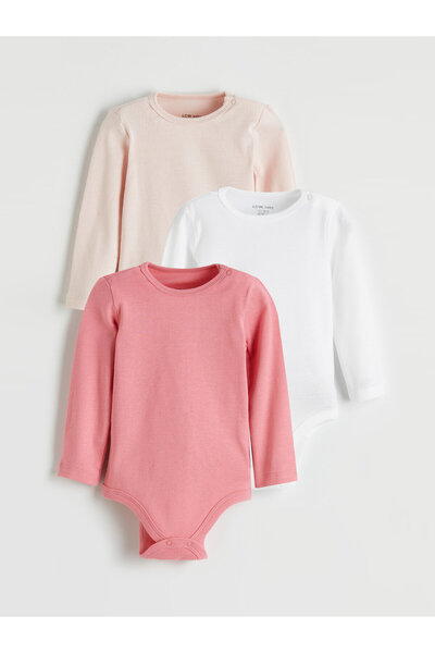 LC Waikiki Crew Neck Long Sleeve Baby Girls' Snap Bodysuit 3-packs