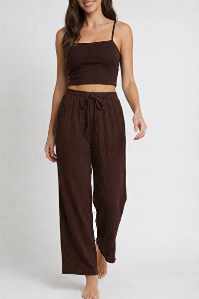CARLA MARA Bürümcük Fabric Elastic Waist Loose-Fit Trousers – Brown Comfortab...