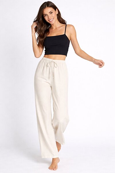 CARLA MARA Bürümcük Fabric Elastic Waist Loose-Fit Trousers – Ecru Comfortabl...