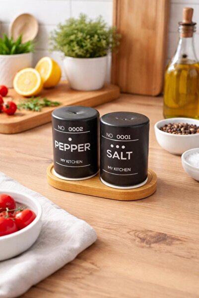 Flaura Home Bambu Standlı Tuzluk Biberlik Seti – Modern Siyah Tasarım