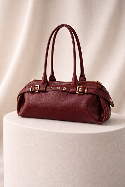 Miernebag Belt Detailed Faux Leather Shoulder Bag Aura Claret Red
