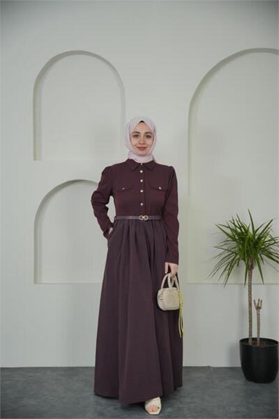 Neşeli Butik Women's Burgundy Shirt Collar Buttoned Belt Detailed Hijab Dress...