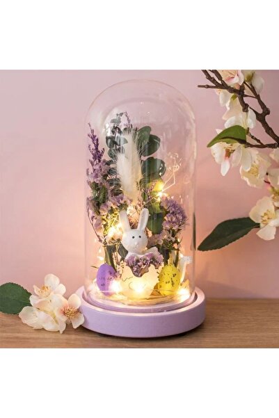 ZanaCasei Cupolă decorativă de Paște din sticlă cu flori artificiale, iepuraș...