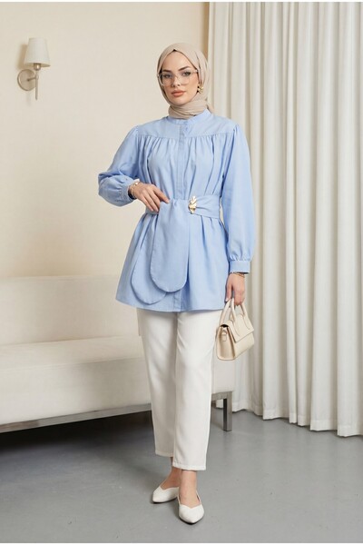 Modamorfo Hidden buttoned belted poplin tunic - baby blue
