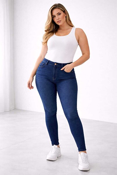 Butik Şans Double Tt High Waist Narrow Leg Lycra Plus Size Blue Denim Trousers