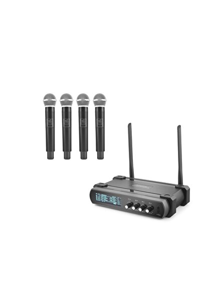 ForWhat مجموعة ميكروفونات Vhf لاسلكية احترافية باللون الأسود مكونة من 4 قطع ل...