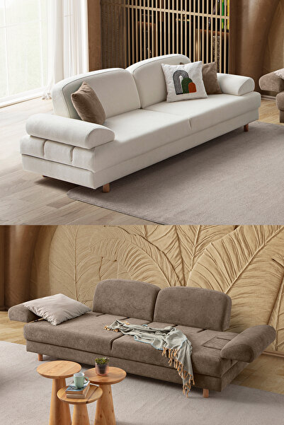 Eymense Aries Yataklı Sandıklı Koltuk Takımı 3+3 Beyaz Kahverengi